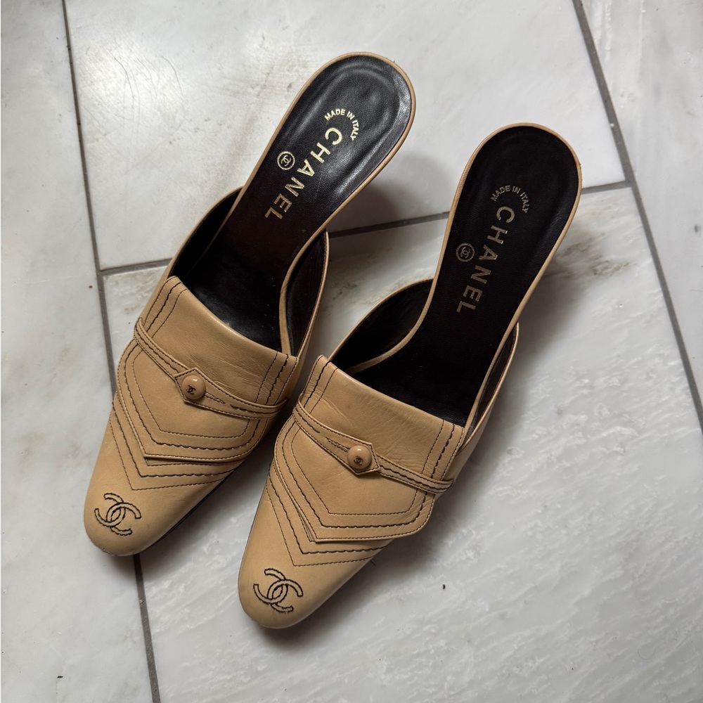 Chanel Beige Mules with Logo Detail